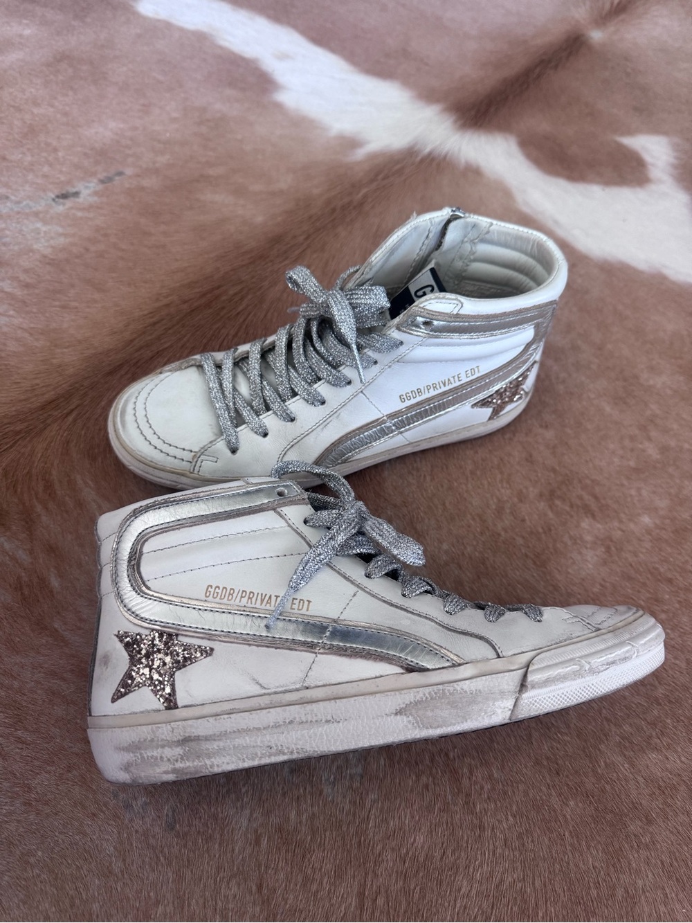 Golden Goose White Leather High-Top Sneakers with Silver Glitter Star